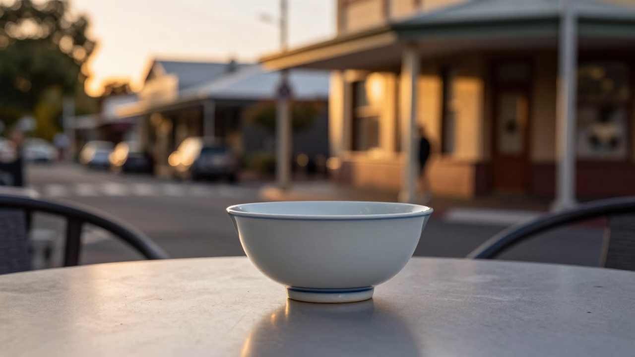 Golden Hour Street Scene in Adelaide South Australia with Blue and White Porcelain Bowl in in Adelaide, South Australia, Australia