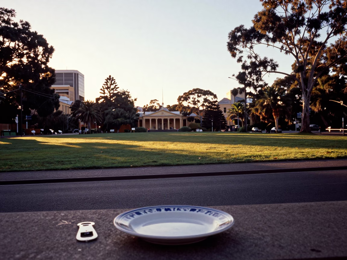 Golden Hour Street Scene in Adelaide South Australia with Ceramic Plate and Letter Opener in in Adelaide, South Australia, Australia