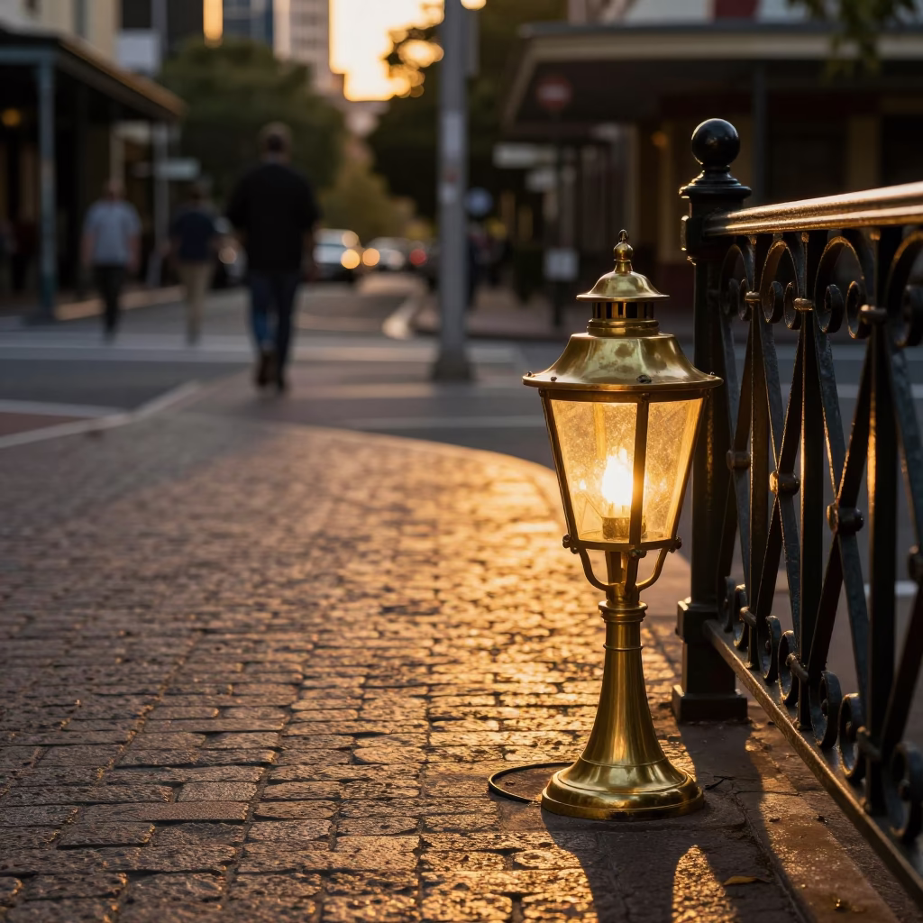 Golden Hour Street Scene in Adelaide South Australia with Lantern and Brass Details in in Adelaide, South Australia, Australia