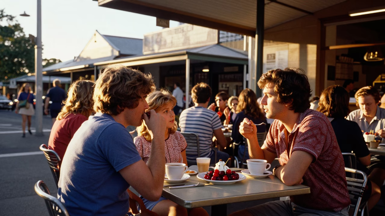 Golden Hour Street Scene in Adelaide South Australia with Local Diners and Cherry Dessert in in Adelaide, South Australia, Australia