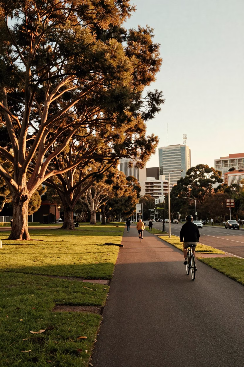 Golden Hour Street Scene in Adelaide South Australia with Parkland Greenery and Urban Architecture in in Adelaide, South Australia, Australia