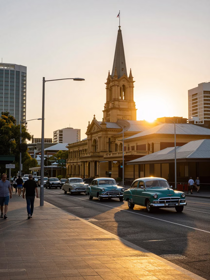 Golden Hour Street Scene in Adelaide South Australia with Vintage 1950s Cars and Pedestrians in in Adelaide, South Australia, Australia