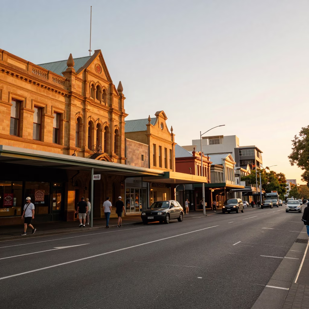 Golden Hour Street Scene in Adelaide South Australia with Vintage 1970s Atmosphere in in Adelaide, South Australia, Australia