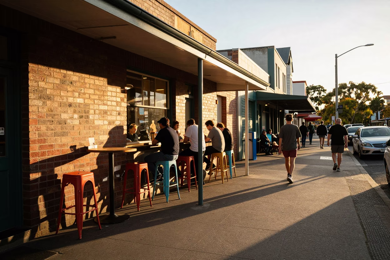 Golden hour street scene in Adelaide with bar stools and vintage details in in Adelaide, South Australia, Australia