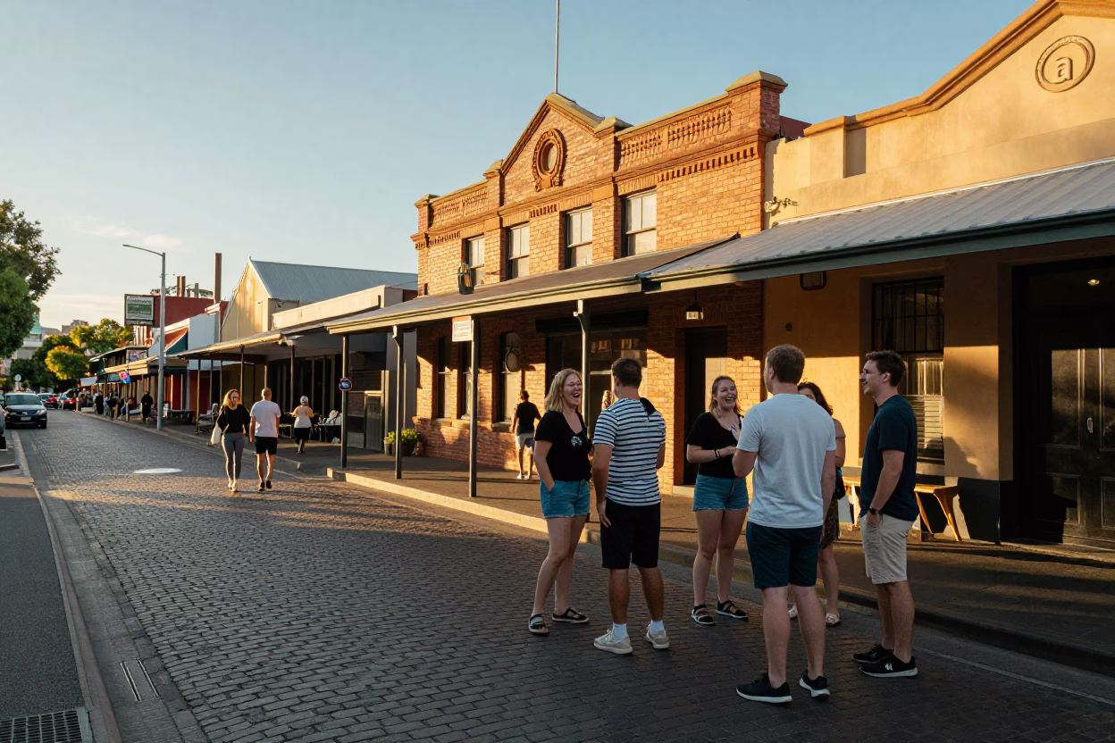 Golden hour street scene in Adelaide with locals and vintage details in in Adelaide, South Australia, Australia