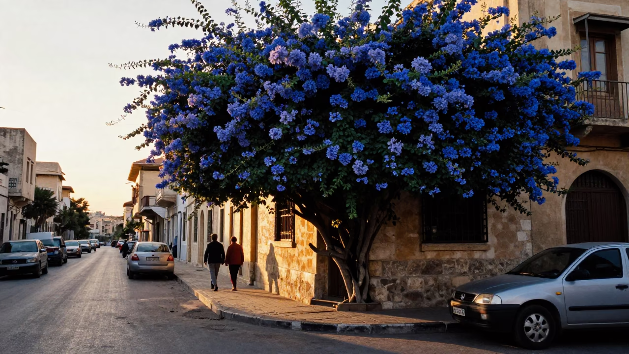 Golden Hour Street Scene in Alexandria Egypt with Blue Plumbago Hedge and Vintage Notebook in in Alexandria, Egypt