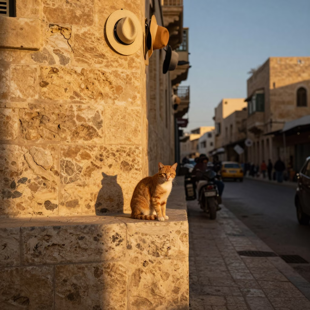 Golden Hour Street Scene in Alexandria Egypt with Cat and Sun Hats in in Alexandria, Egypt