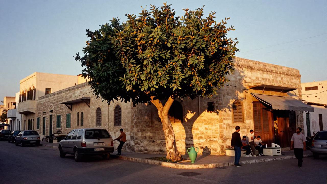 Golden Hour Street Scene in Alexandria Egypt with Fig Tree and Pitcher in in Alexandria, Egypt