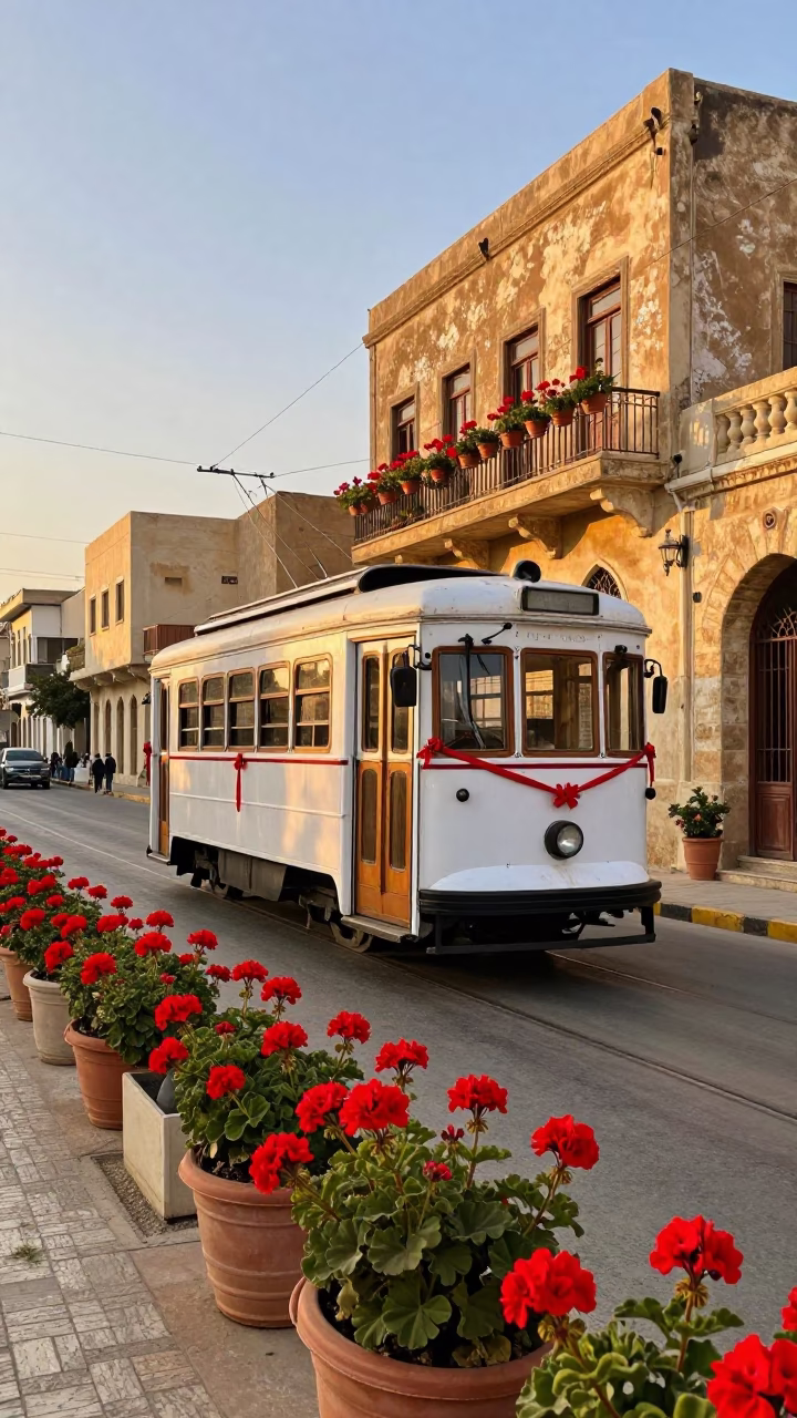 Golden Hour Street Scene in Alexandria Egypt with Geraniums and Vintage Tramcar in in Alexandria, Egypt