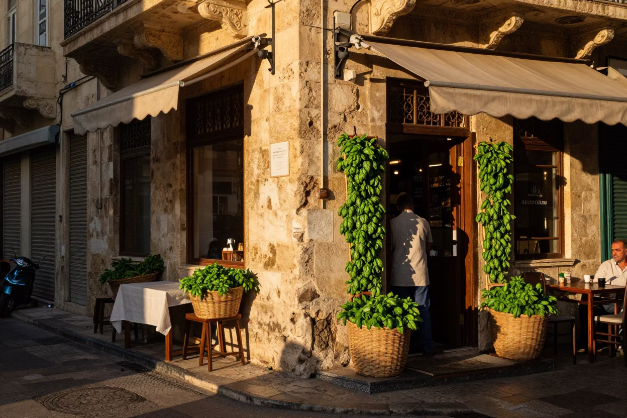 Golden Hour Street Scene in Alexandria Egypt with Linen and Basil in in Alexandria, Egypt