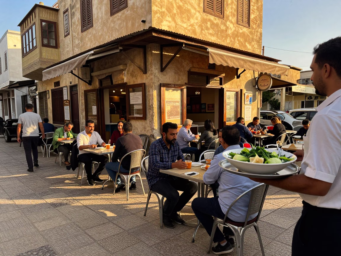 Golden Hour Street Scene in Alexandria Egypt with Local Dining and Vintage Details in in Alexandria, Egypt