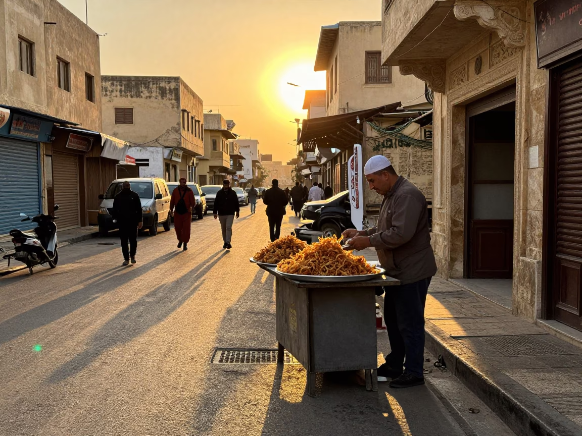 Golden Hour Street Scene in Alexandria Egypt with Local Food Vendor and Traditional Koshari in in Alexandria, Egypt