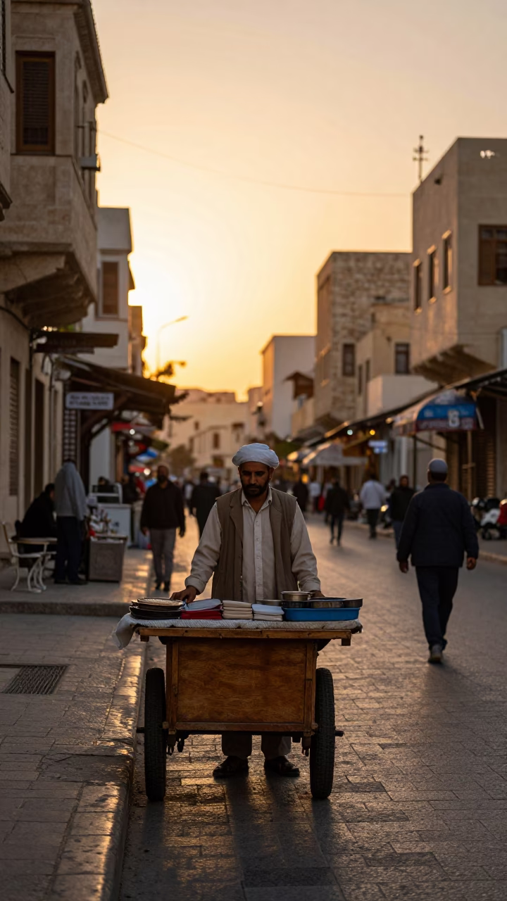 Golden Hour Street Scene in Alexandria Egypt with Local Vendor and Traditional Details in in Alexandria, Egypt