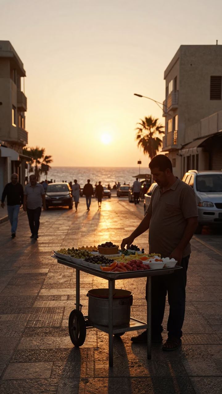 Golden Hour Street Scene in Alexandria Egypt with Mezze Platter and Olives in in Alexandria, Egypt