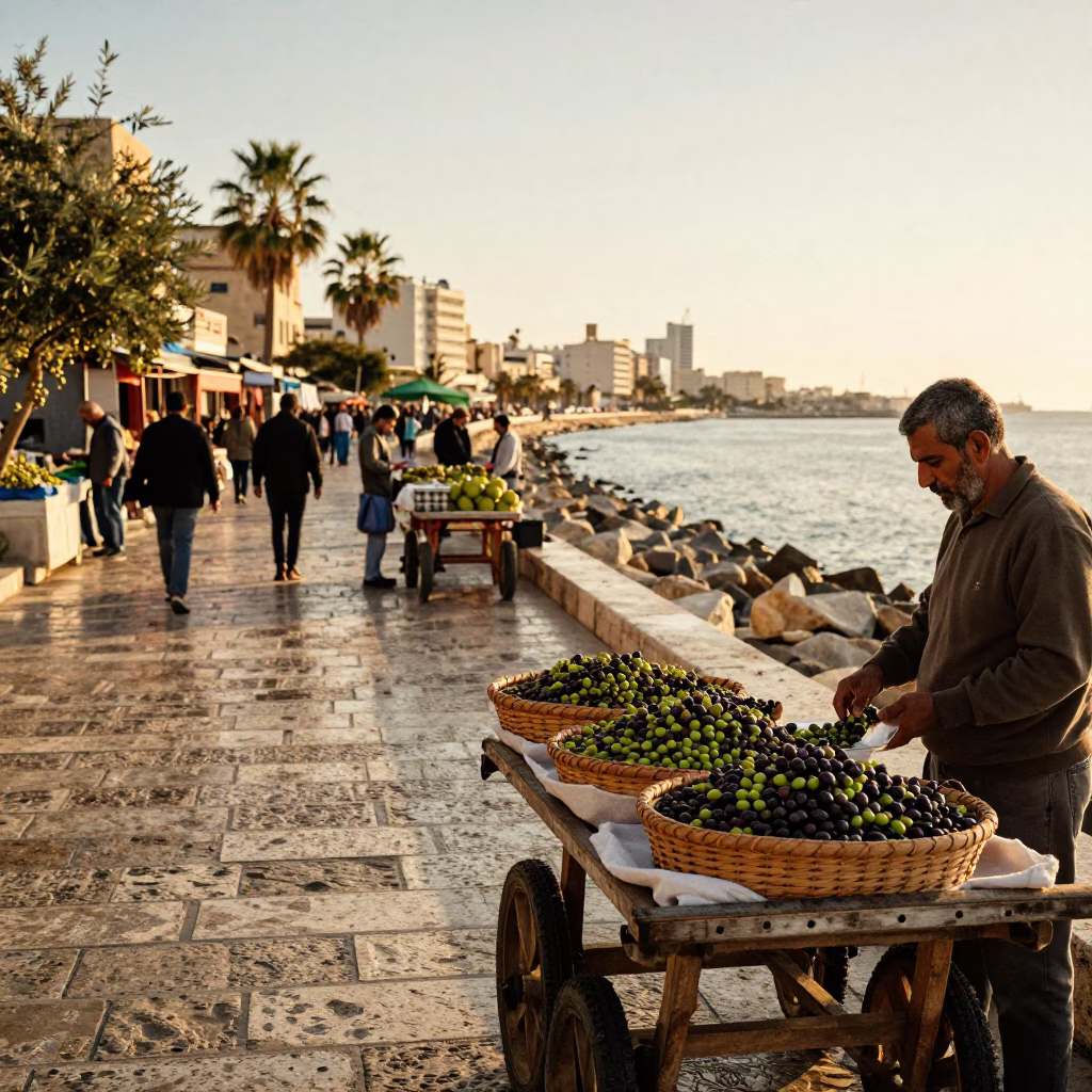 Golden Hour Street Scene in Alexandria Egypt with Olives and Traditional Market Activity in in Alexandria, Egypt