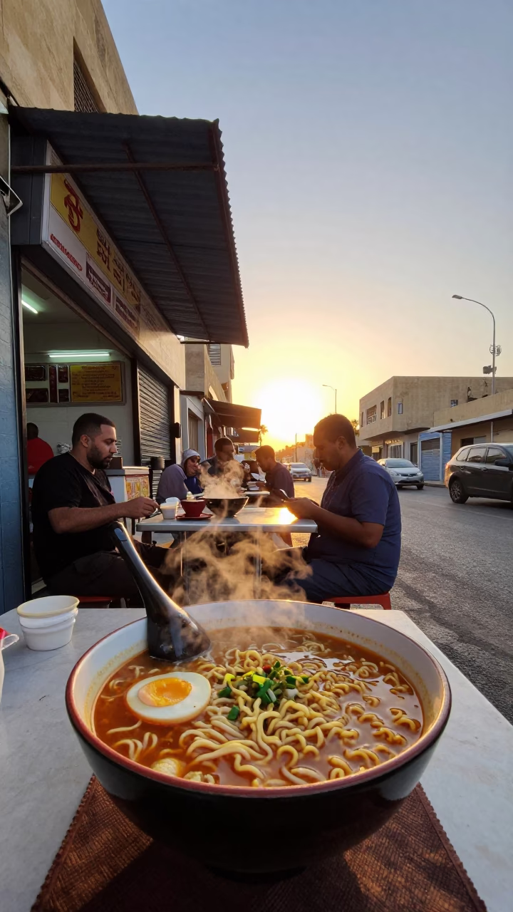 Golden Hour Street Scene in Alexandria Egypt with Ramen and Injera in in Alexandria, Egypt