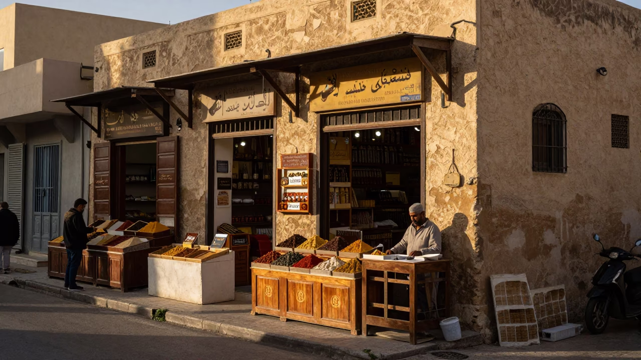 Golden Hour Street Scene in Alexandria Egypt with Spices and Local Commerce in in Alexandria, Egypt