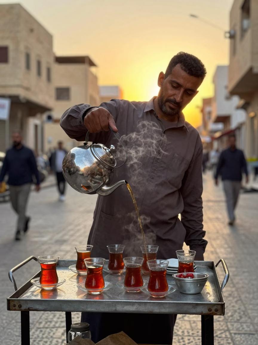 Golden Hour Street Scene in Alexandria Egypt with Tea and Glass Basin in in Alexandria, Egypt