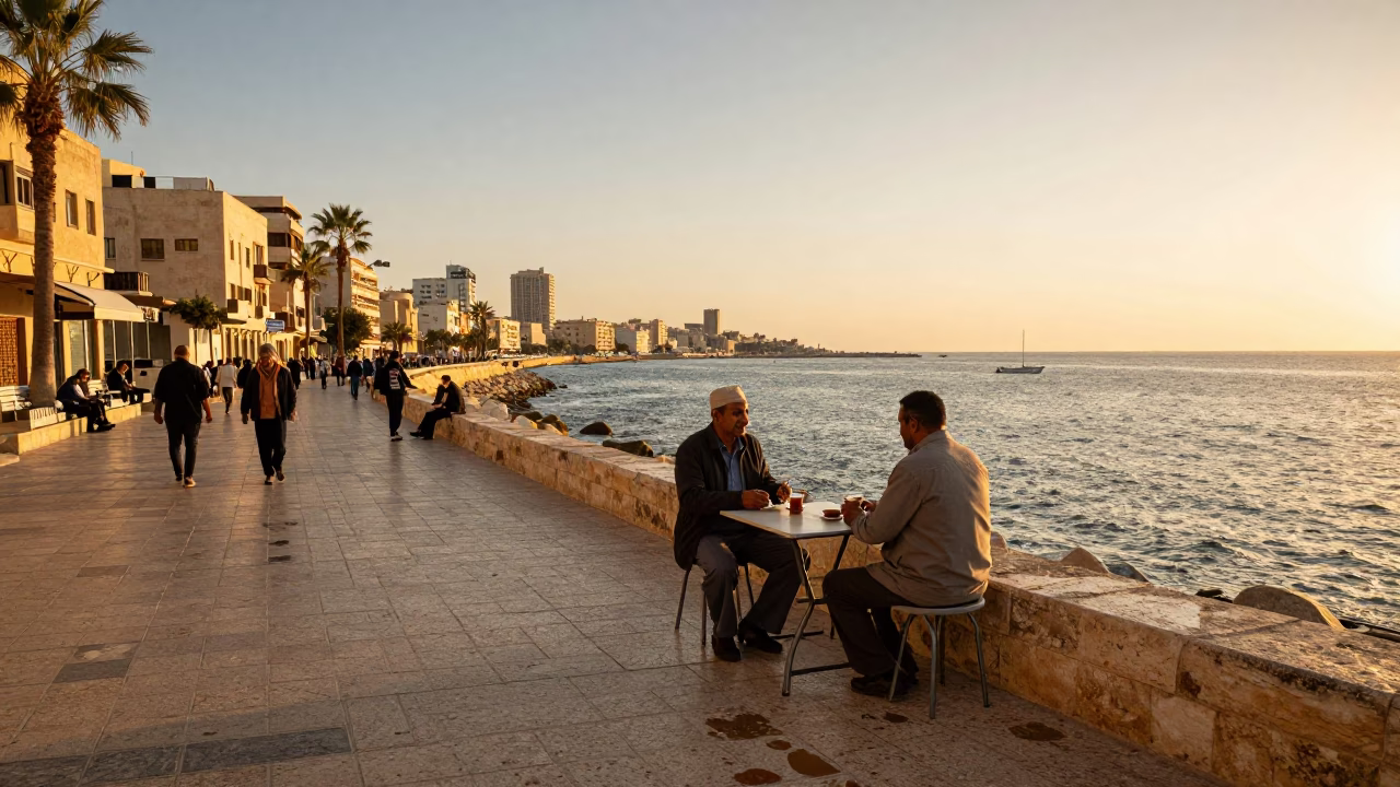 Golden Hour Street Scene in Alexandria Egypt with Tea Stains and Local Interaction in in Alexandria, Egypt
