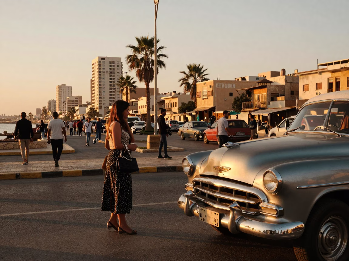 Golden Hour Street Scene in Alexandria Egypt with Vintage 1970s Fashion and Local Life in in Alexandria, Egypt