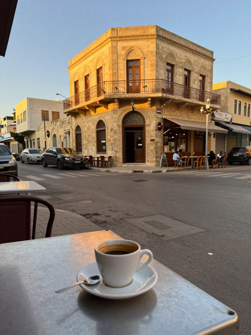 Golden Hour Street Scene in Alexandria Egypt with Vintage Café Table and Local Diners in in Alexandria, Egypt