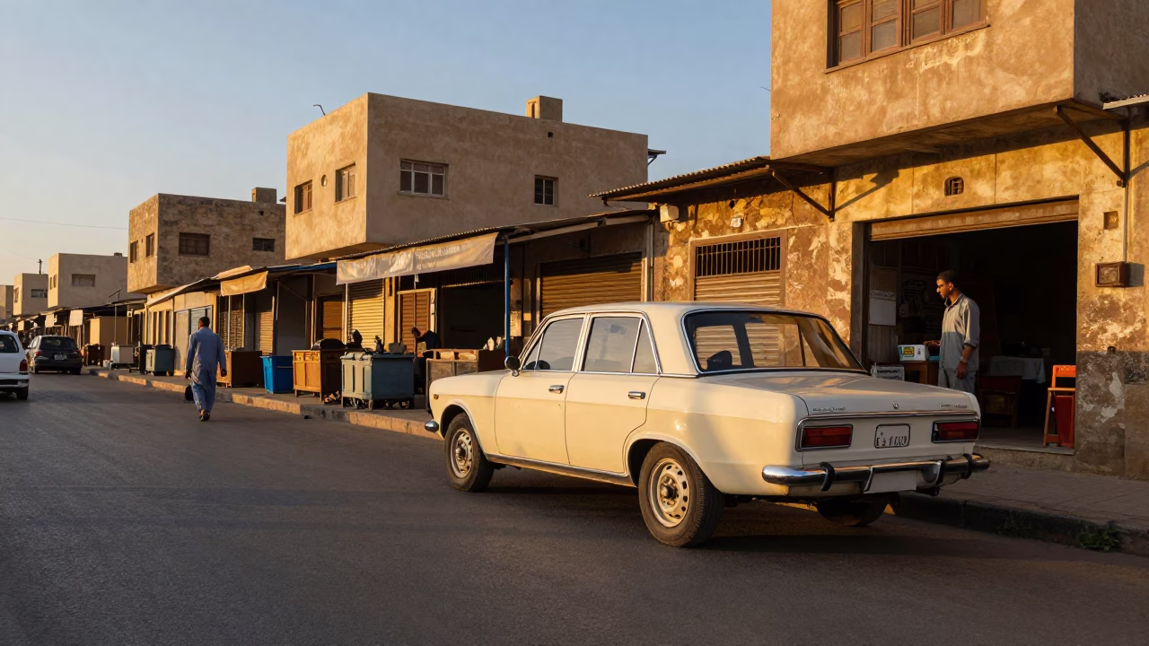 Golden Hour Street Scene in Alexandria Egypt with Vintage Car and Local Market Activity in in Alexandria, Egypt