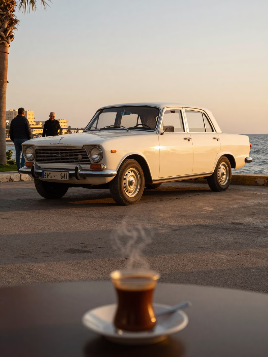 Golden Hour Street Scene in Alexandria Egypt with Vintage Car and Turkish Coffee in in Alexandria, Egypt