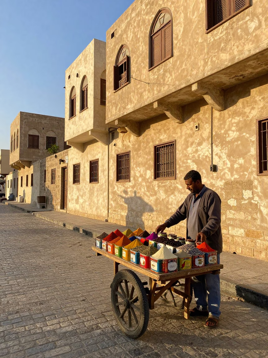 Golden Hour Street Scene in Alexandria Egypt with Vintage Spice Tins in in Alexandria, Egypt