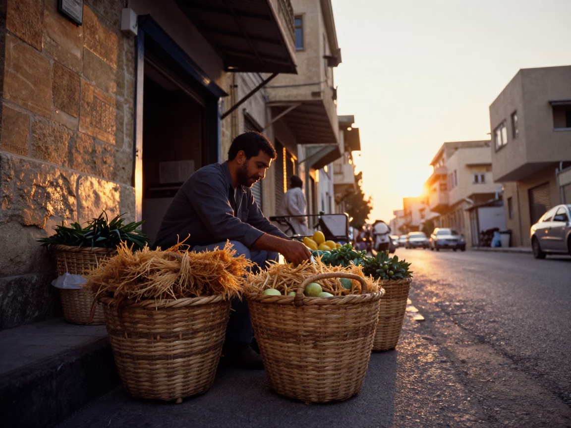 Golden Hour Street Scene in Alexandria Egypt with Woven Basket Fibers in in Alexandria, Egypt