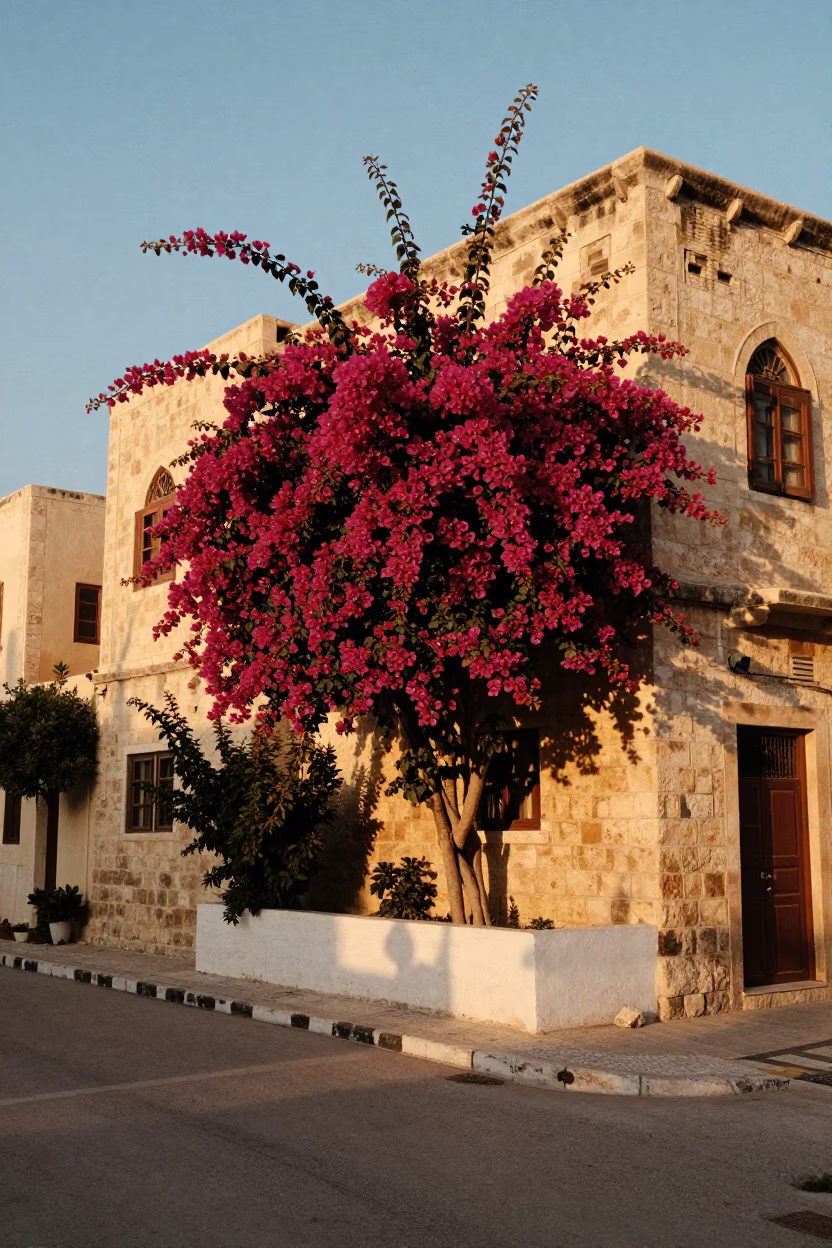 Golden Hour Street Scene in Amman Jordan with Bougainvillea and Stone Architecture in in Amman, Jordan
