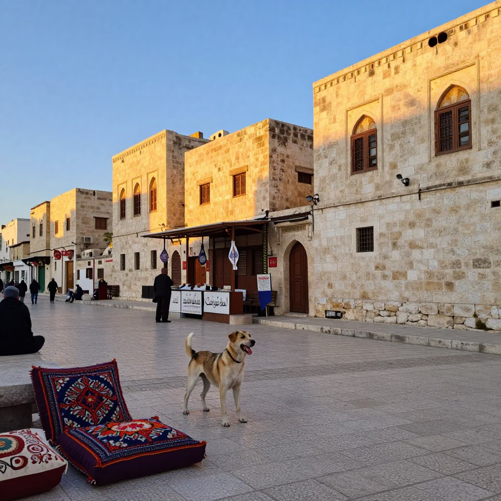 Golden Hour Street Scene in Amman Jordan with Canaan Dog and Embroidered Cushion in in Amman, Jordan