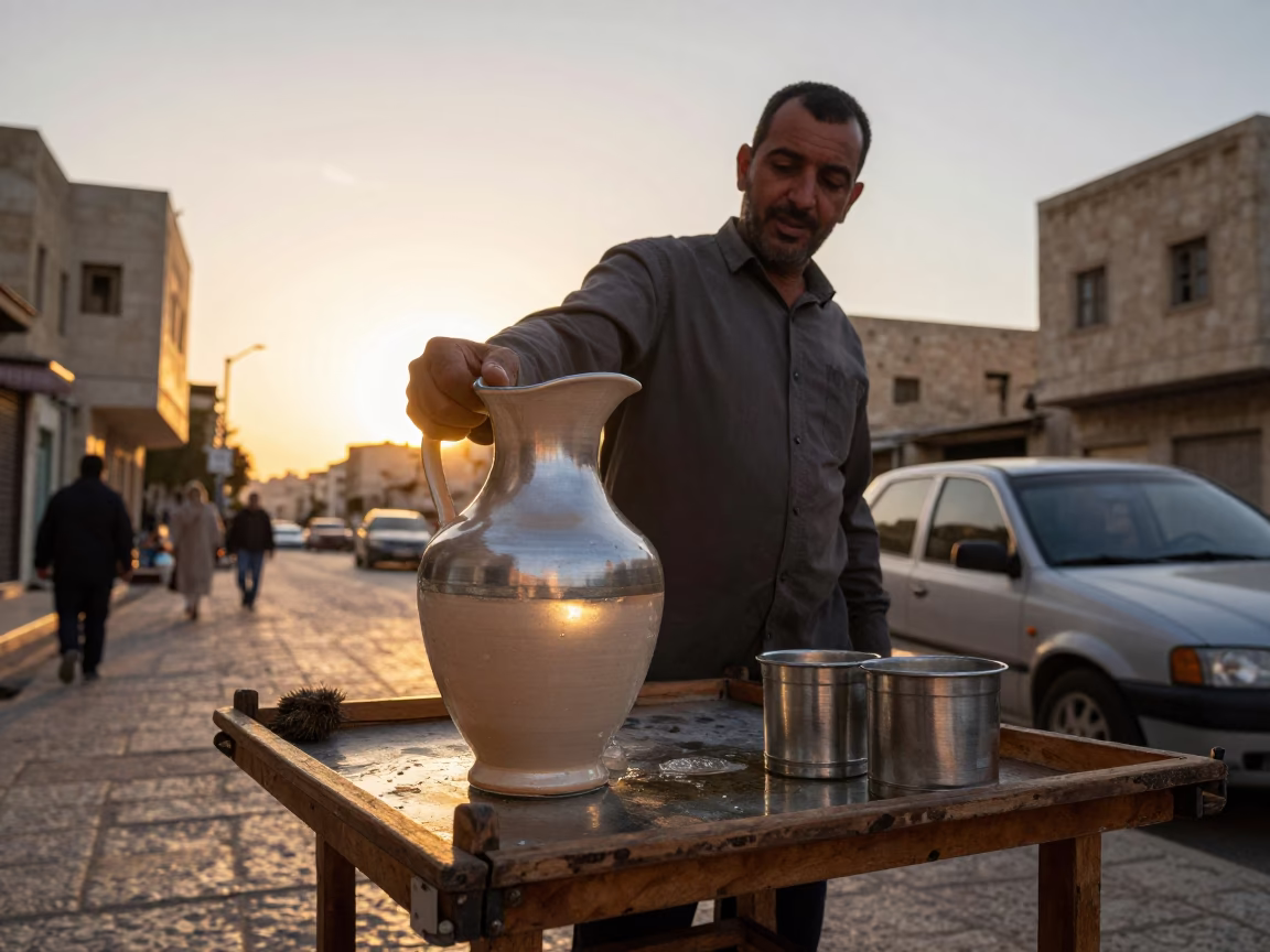 Golden Hour Street Scene in Amman Jordan with Ceramic Pitcher and Brushed Steel Pull in in Amman, Jordan