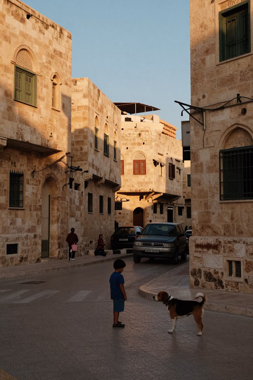 Golden Hour Street Scene in Amman Jordan with Child and Beagle in in Amman, Jordan