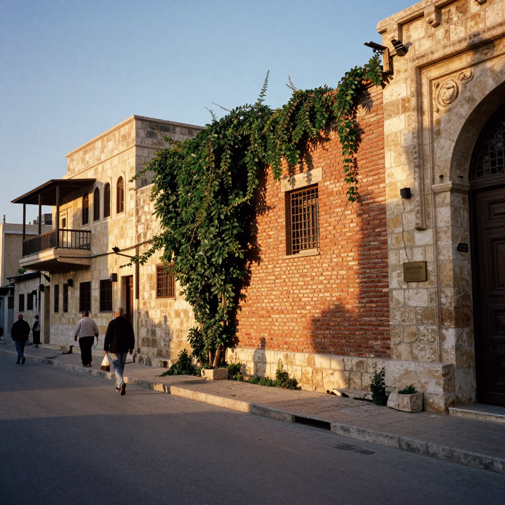 Golden Hour Street Scene in Amman Jordan with Ivy Brick Wall and Local Vendor in in Amman, Jordan