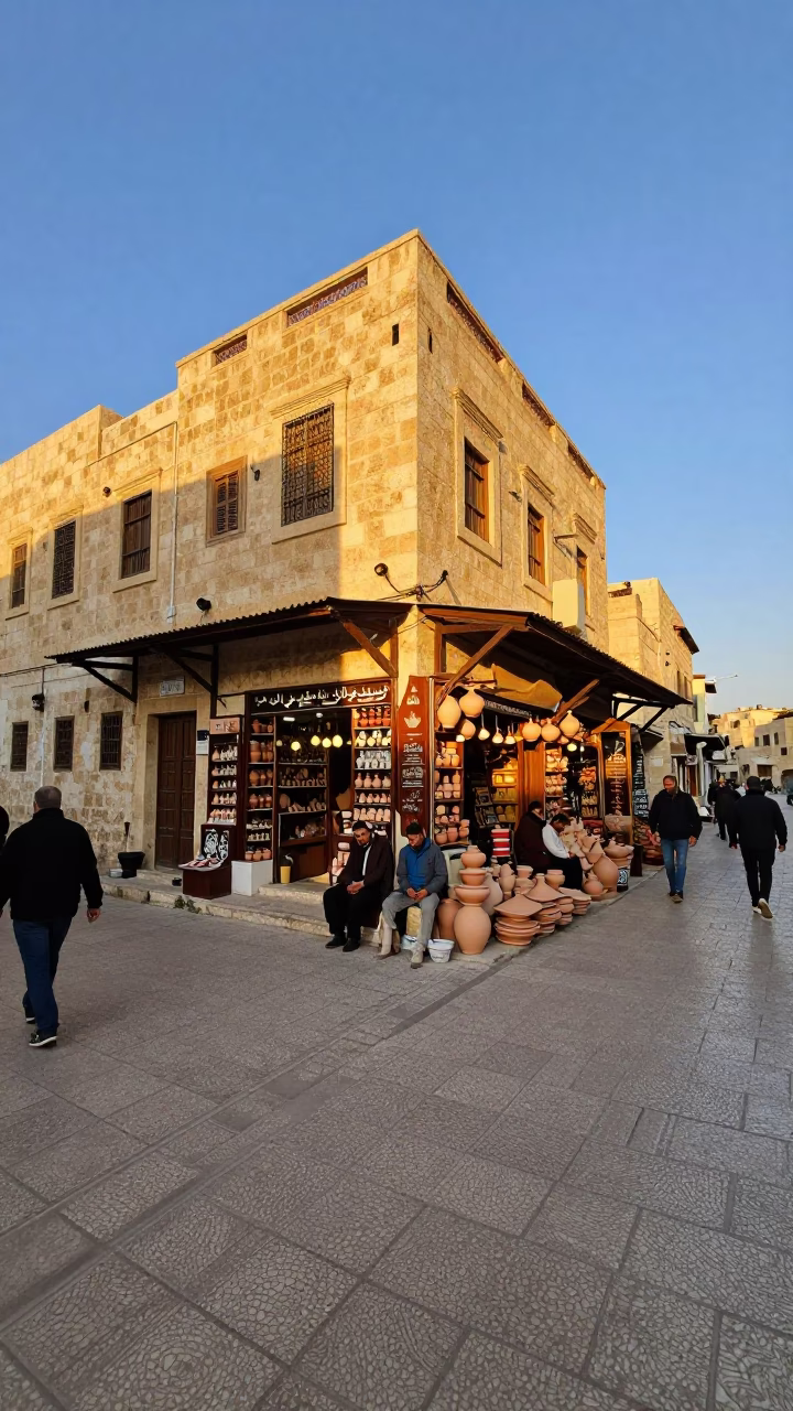 Golden Hour Street Scene in Amman Jordan with Local Shopkeeper and Traditional Pottery in in Amman, Jordan