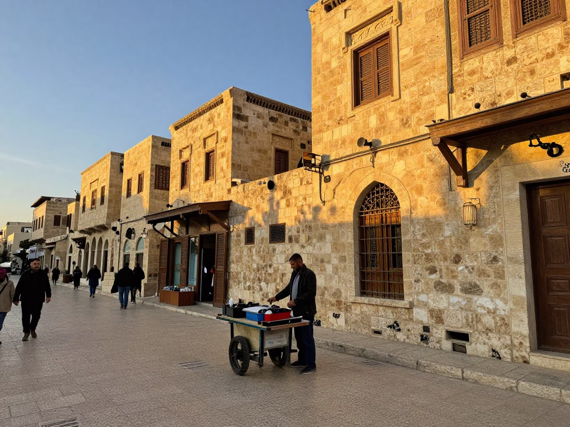 Golden Hour Street Scene in Amman Jordan with Local Vendor and Traditional Elements in in Amman, Jordan