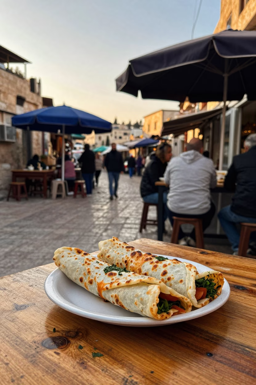 Golden Hour Street Scene in Amman Jordan with Rolled Lahmacun and Umbrellas in in Amman, Jordan