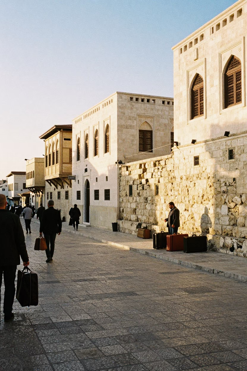 Golden Hour Street Scene in Amman Jordan with Suitcases and Traditional Architecture in in Amman, Jordan