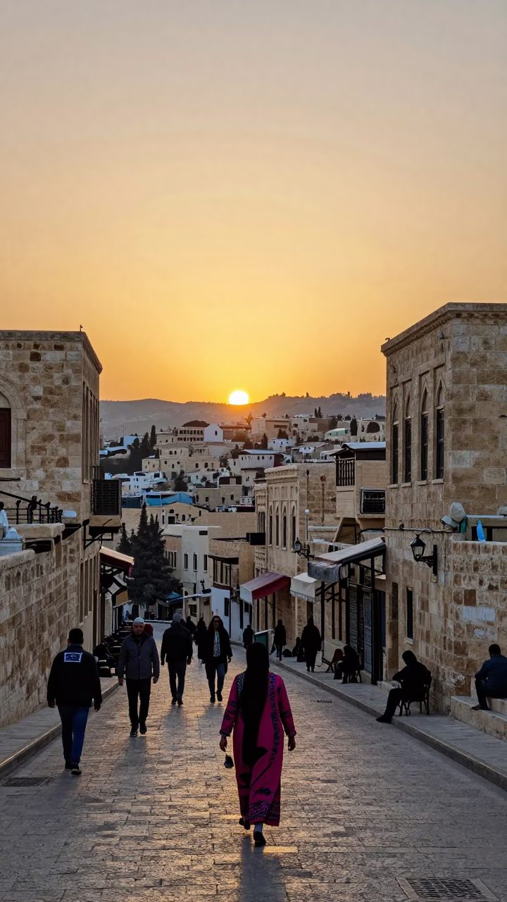 Golden Hour Street Scene in Amman Jordan with Traditional Architecture and Local Life in in Amman, Jordan