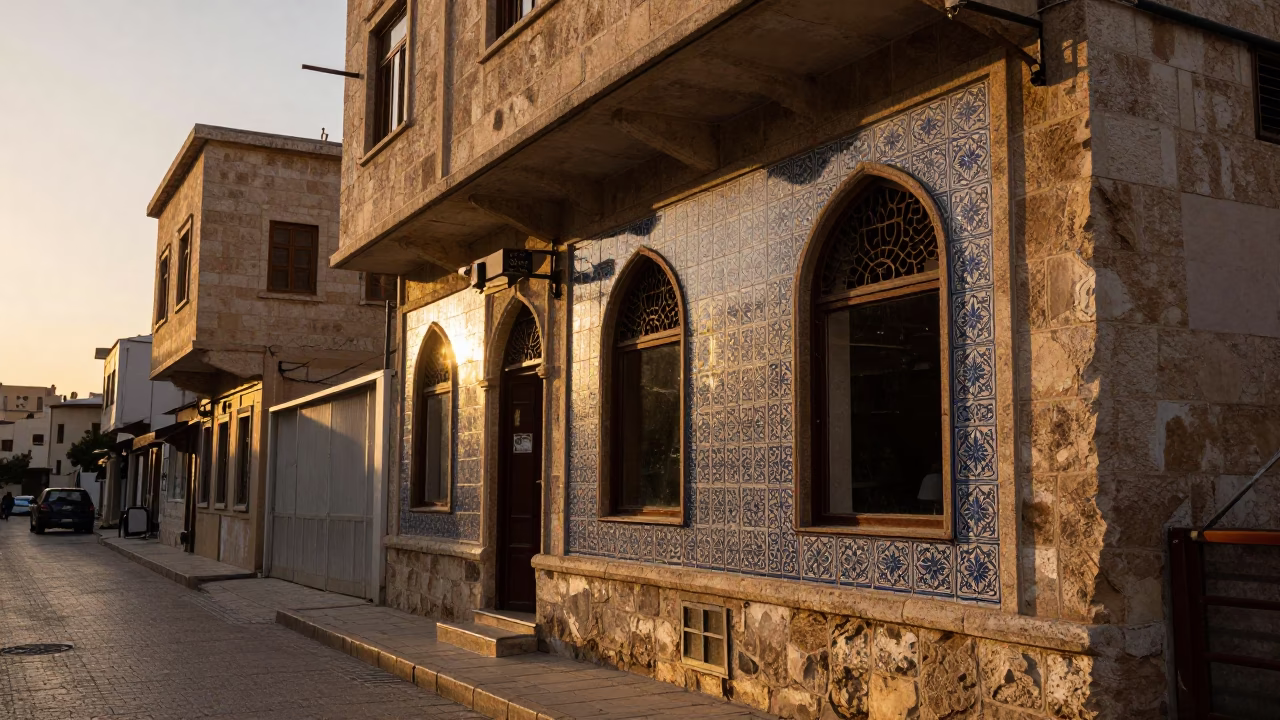 Golden Hour Street Scene in Amman Jordan with Traditional Ceramic Tiles and Local Life in in Amman, Jordan
