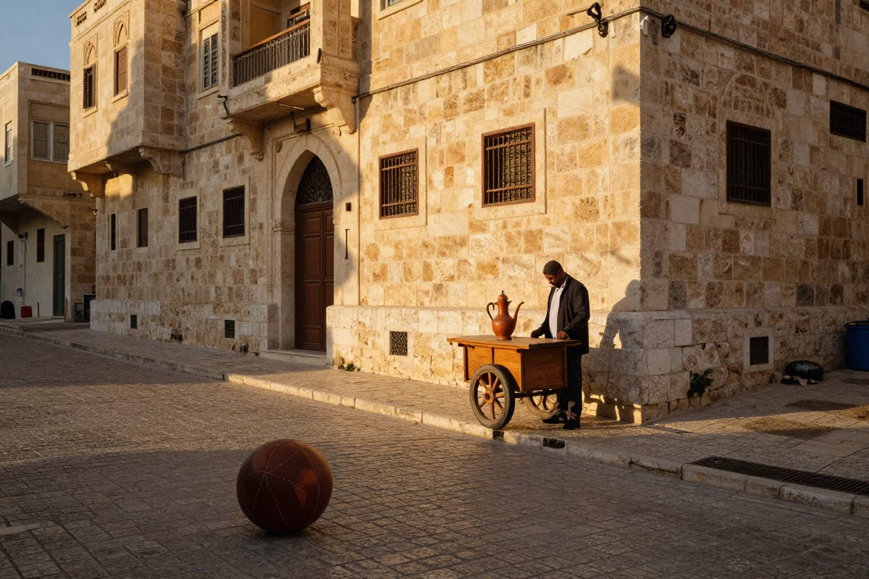 Golden Hour Street Scene in Amman Jordan with Traditional Pitcher and Leather Ball in in Amman, Jordan