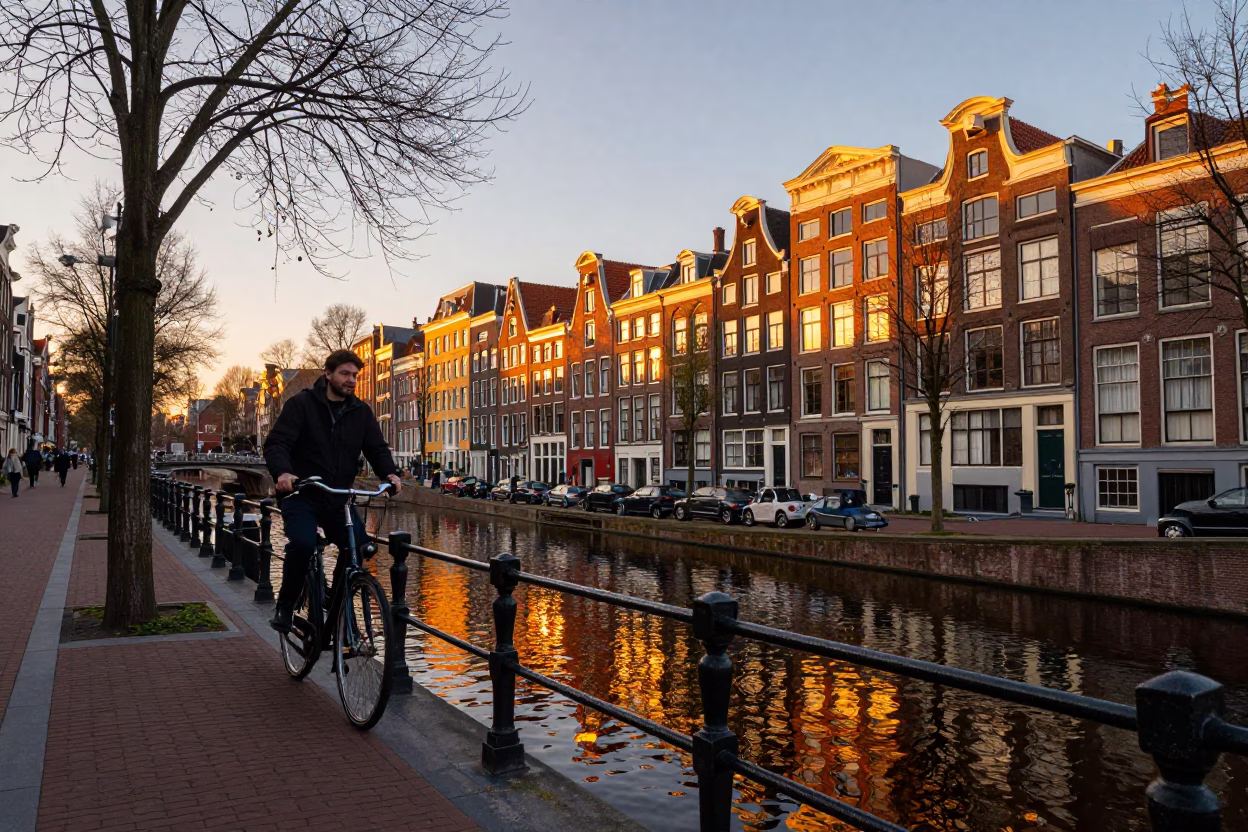 Golden Hour Street Scene in Amsterdam Netherlands with Bicycle and Canal Reflections in in Amsterdam, Netherlands