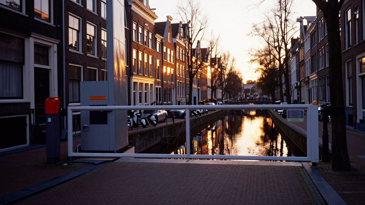 Golden Hour Street Scene in Amsterdam Netherlands with Construction Gate and Canal Reflections in in Amsterdam, Netherlands