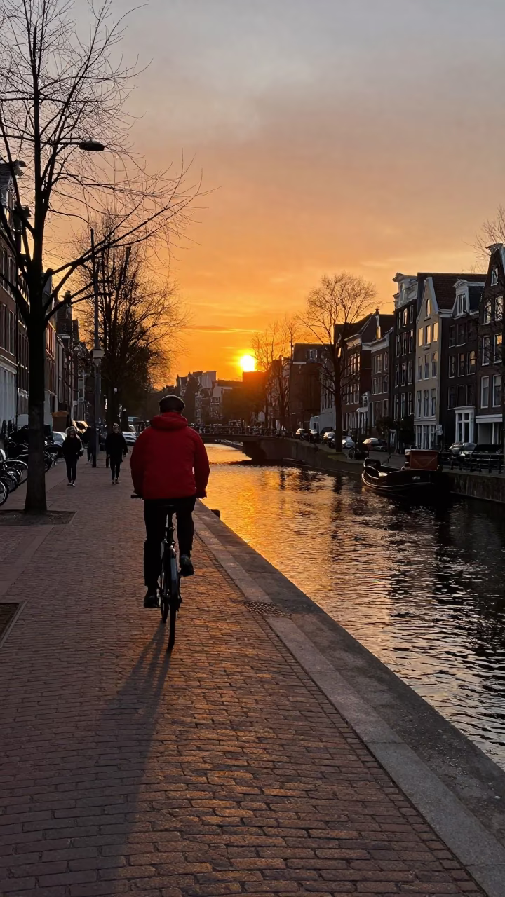 Golden Hour Street Scene in Amsterdam Netherlands with Cyclist and Canal Bridge in in Amsterdam, Netherlands
