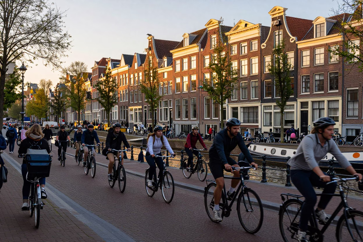 Golden Hour Street Scene in Amsterdam Netherlands with Cyclists and Canal Boats in in Amsterdam, Netherlands
