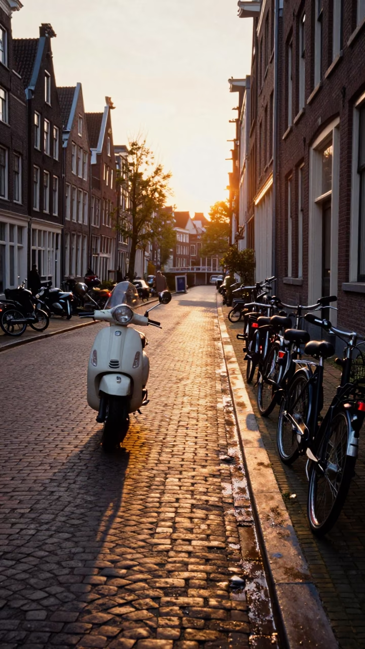 Golden Hour Street Scene in Amsterdam Netherlands with Scooter and Cobblestones in in Amsterdam, Netherlands