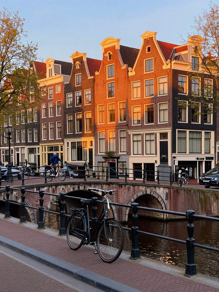 Golden Hour Street Scene in Amsterdam with Bicycle and Canal Bridge in in Amsterdam, Netherlands