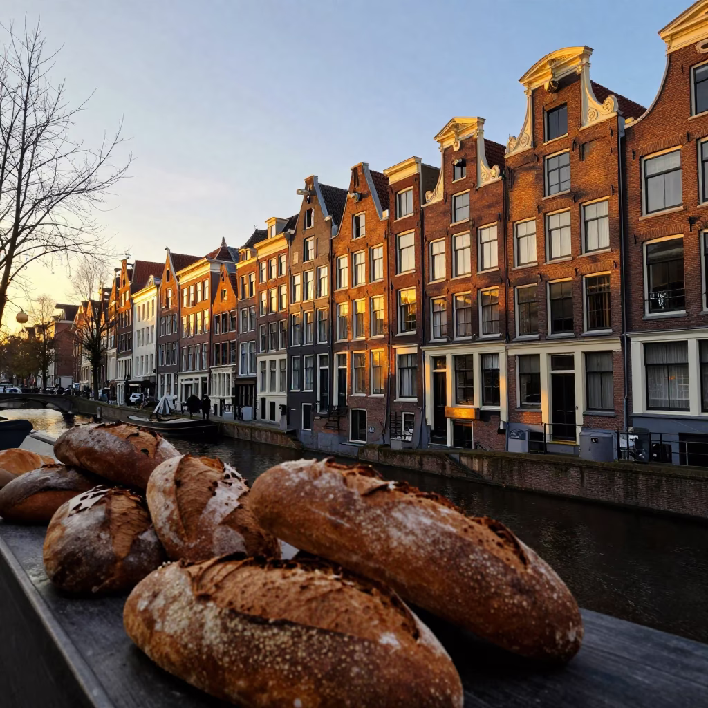 Golden Hour Street Scene in Amsterdam with Bread Loaves and Historic Architecture in in Amsterdam, Netherlands