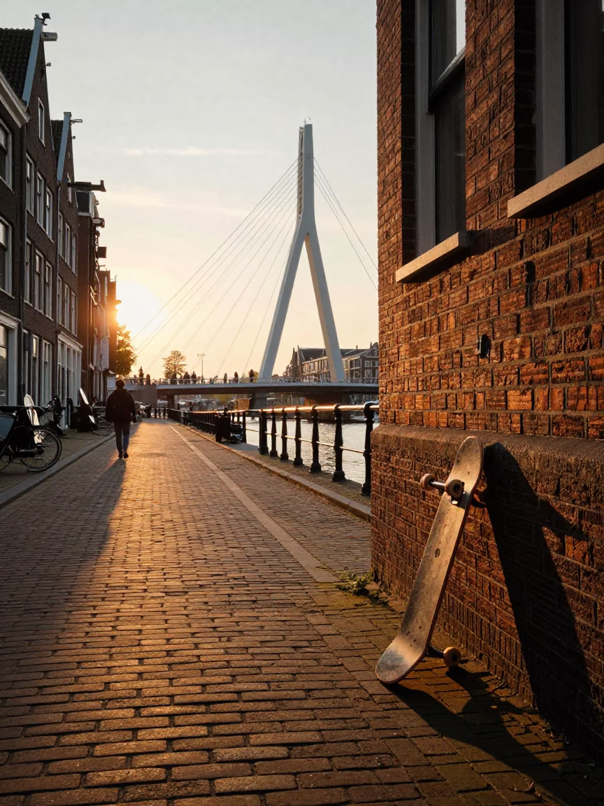 Golden Hour Street Scene in Amsterdam with Skateboard and Cable-Stayed Bridge in in Amsterdam, Netherlands