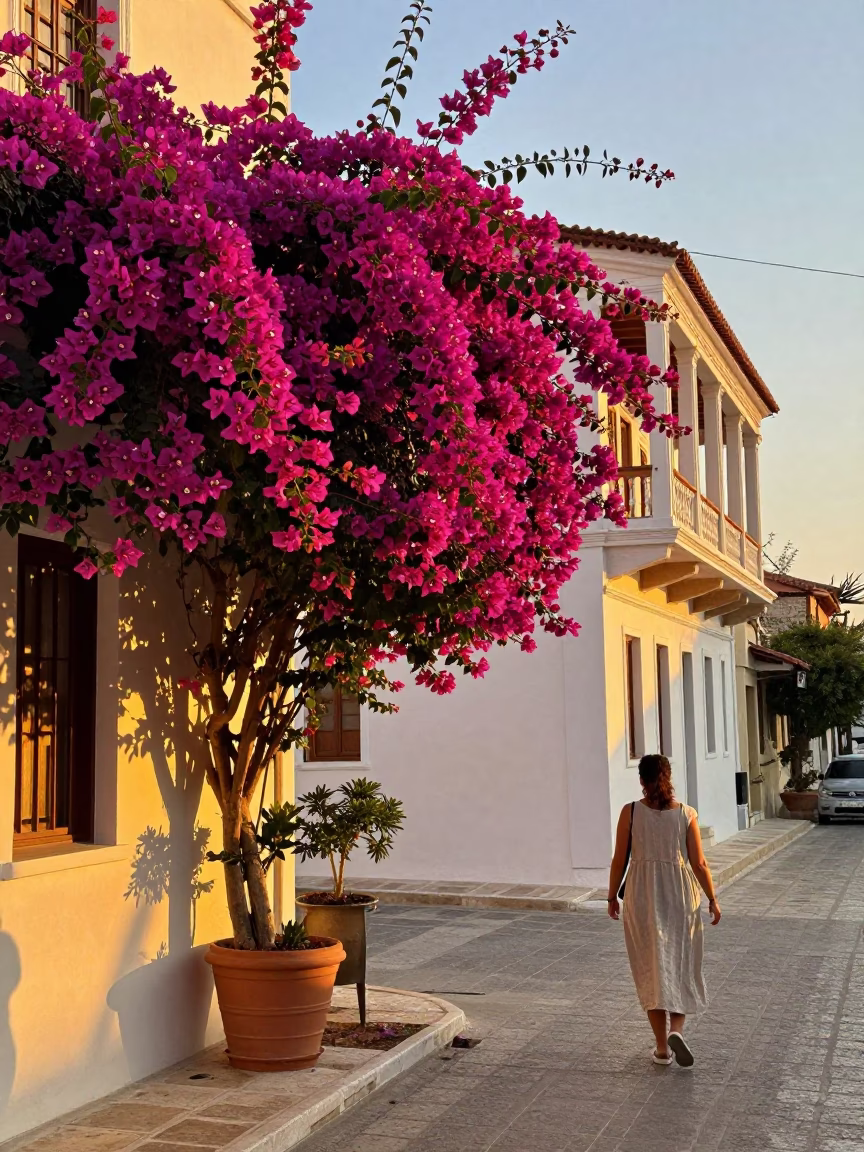 Golden Hour Street Scene in Athens Greece Featuring Bougainvillea and Traditional Architecture in in Athens, Greece